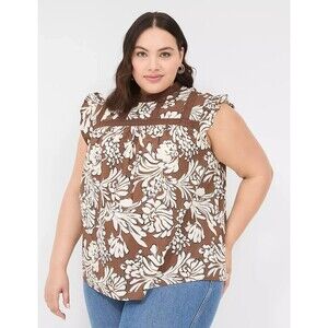 Lane Bryant Ruffle Cap Sleeve Blouse 24 Brown Floral Lace Trim Plus Cotton NWT